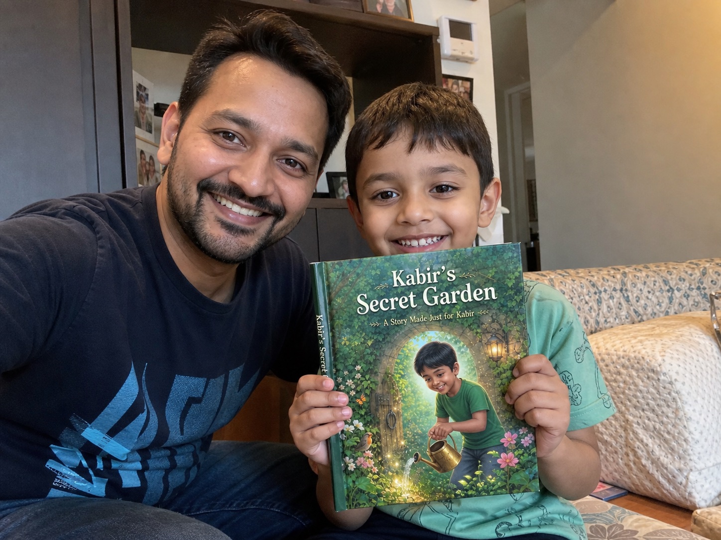 Kabir holding a personalized StoryOwl book